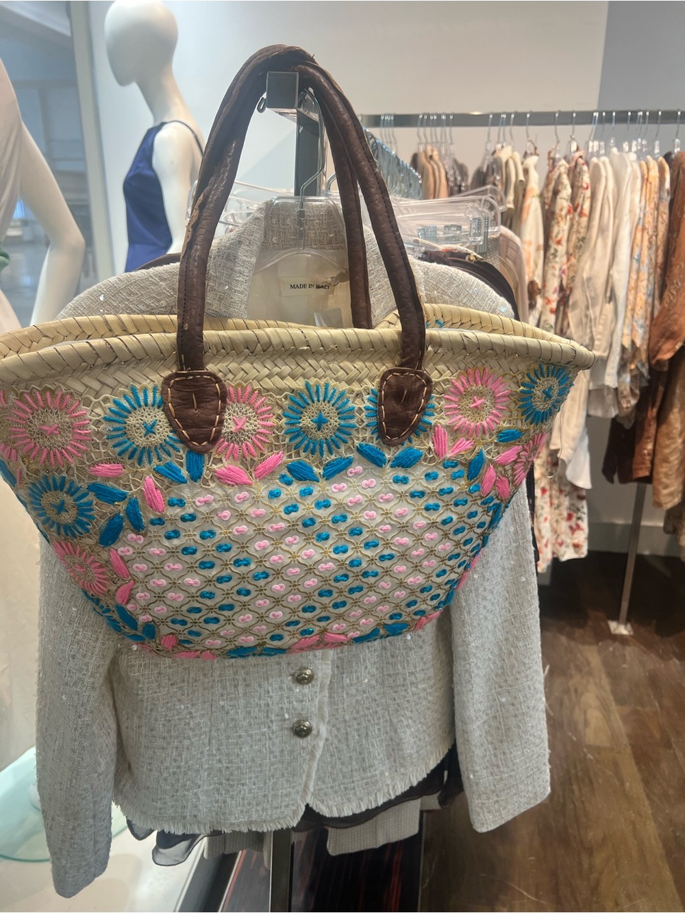 Embroidered Straw Tote Bag with Pink & Blue Floral Accents